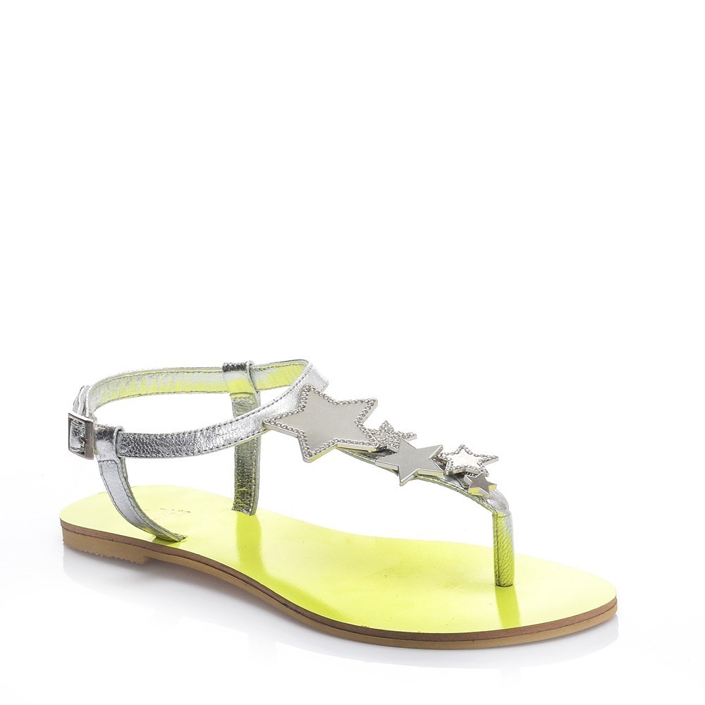 Hawai Silver Neon Sarı Yıldızlı Deri Sandalet