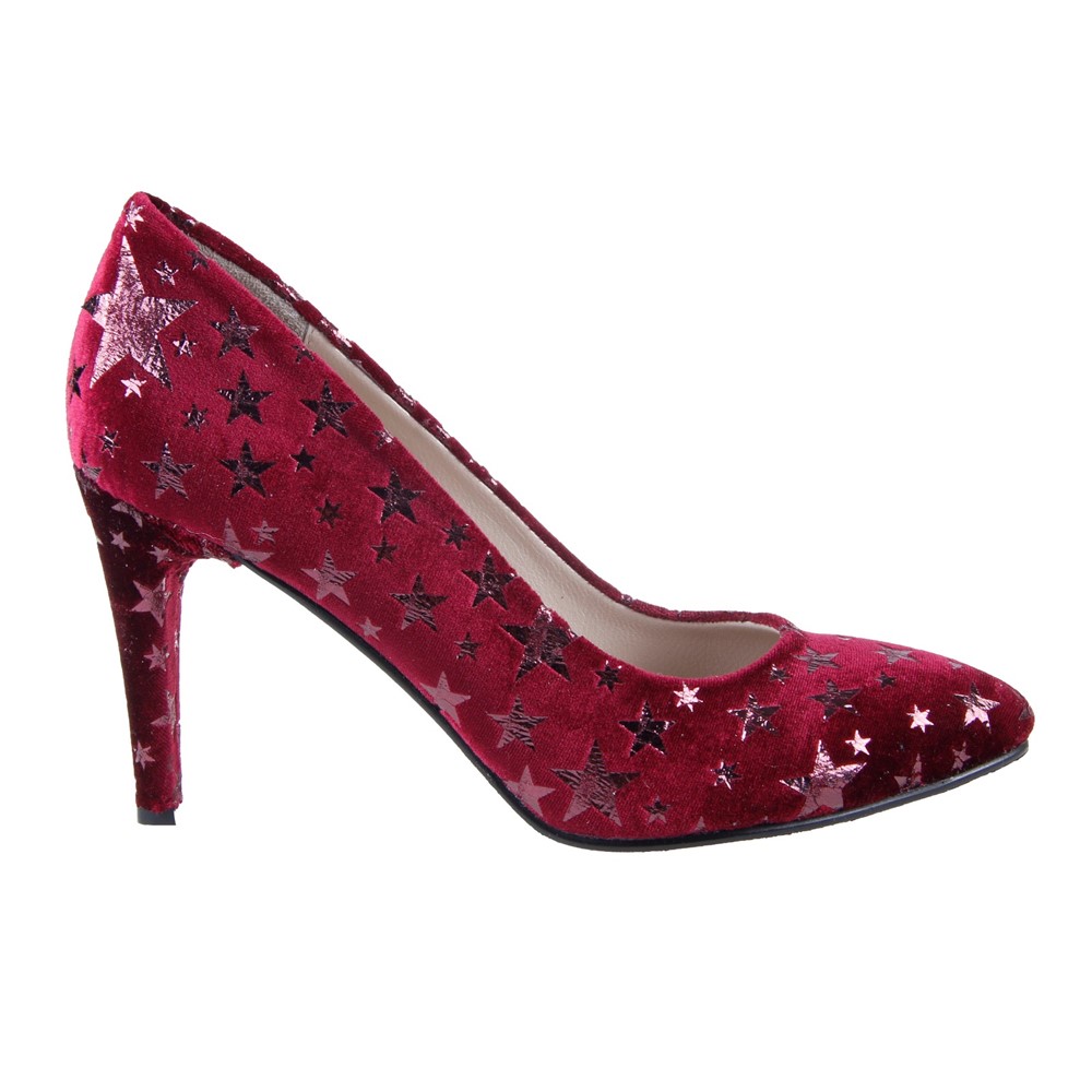 Christmas Bordo  Yıldızlı Kadife Stiletto