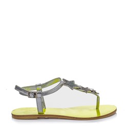 Hawai Silver Neon Sarı Yıldızlı Deri Sandalet